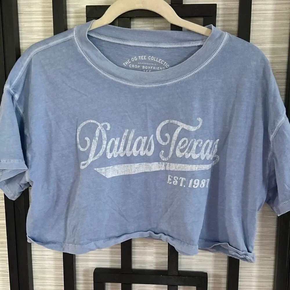 Aeropostale baby blue Dallas Texas graphic cropped t shirt the OGT tee collectio